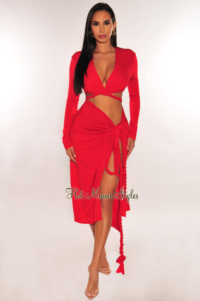 Red Long Sleeve Wrap Around Twist Rope Skirt Two Piece Set - Hot Miami Styles