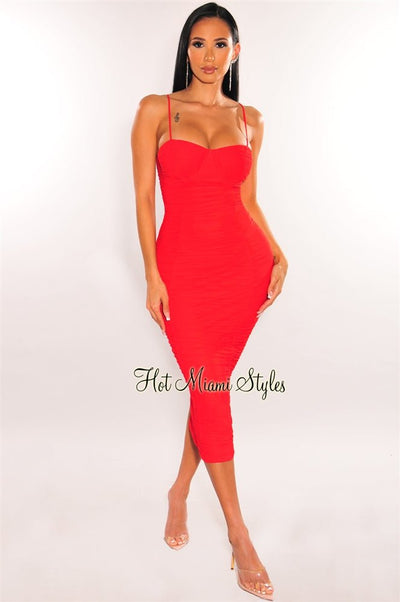 Red Mesh Padded Underwire Spaghetti Straps Ruched Midi Dress - Hot Miami Styles