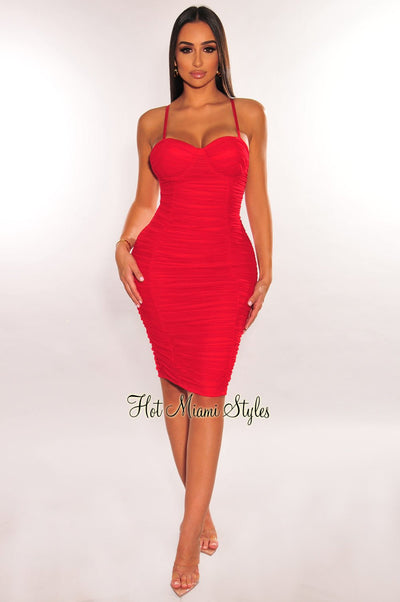 Red Mesh Spaghetti Straps Padded Ruched Dress - Hot Miami Styles