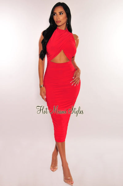 Red Mock Neck Sleeveless Overlay Cut Out Ruched Dress - Hot Miami Styles