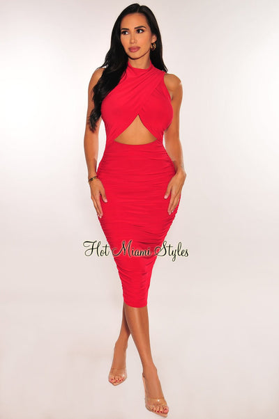Red Mock Neck Sleeveless Overlay Cut Out Ruched Dress - Hot Miami Styles