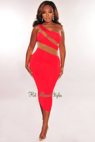 Red Nude Mesh Illusion One Shoulder Dress - Hot Miami Styles