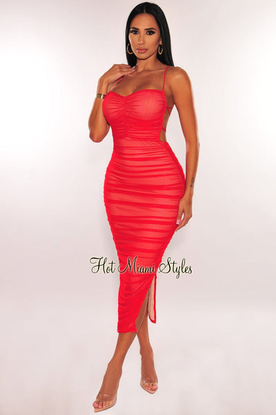 Red Nude Mesh Lace Up Back Ruched Slit Midi Dress - Hot Miami Styles