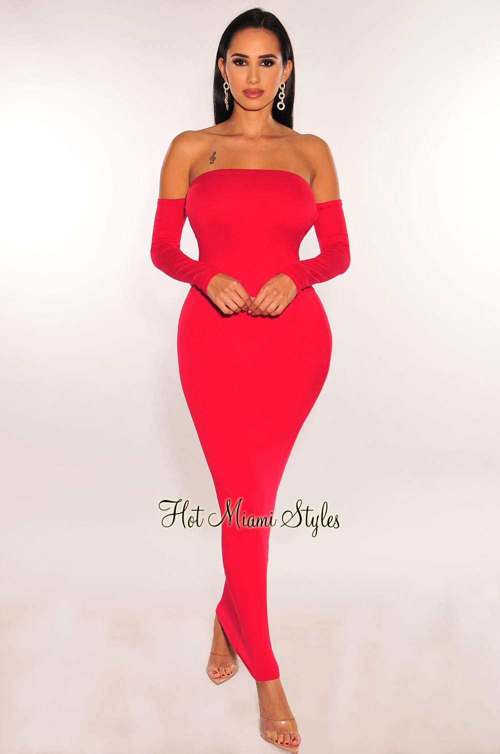 Isolde Long Sleeve Off The Shoulder Maxi Dress in Red