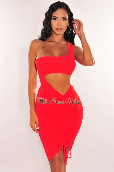 Red One Shoulder Cut Out Ruched Dress - Hot Miami Styles
