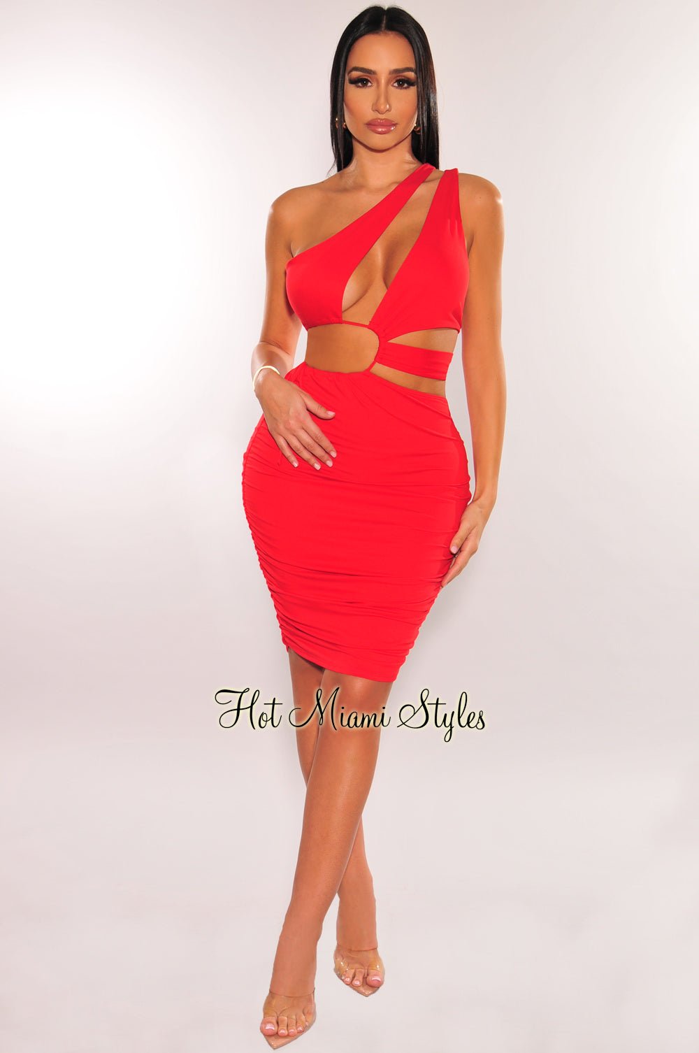 Red One Shoulder Cut Out Strap Drawstring Ruched Mini Dress - Hot