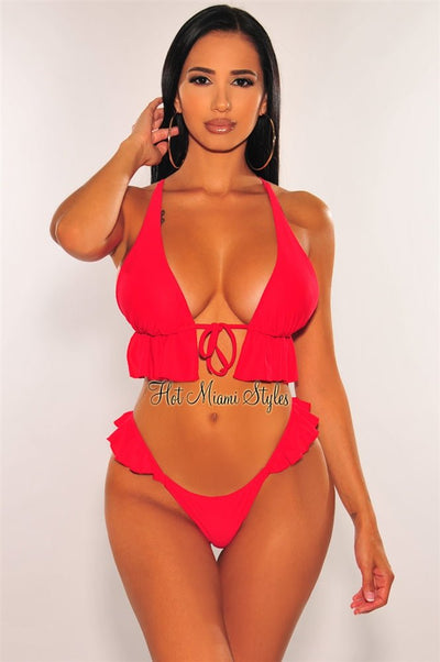Red Padded Tie Up Ruffle Scrunch Butt Bikini Top - Hot Miami Styles