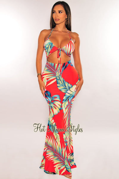 Red Palm Print V Neck Halter Cut Out Maxi Dress - Hot Miami Styles