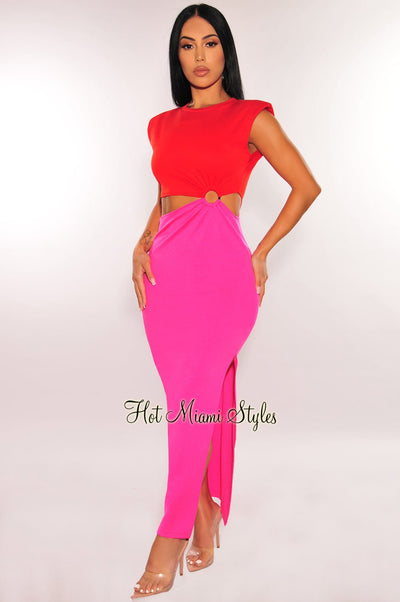 Red Pink Cut Out Shoulder Pads O-Ring Maxi Slit Dress - Hot Miami Styles