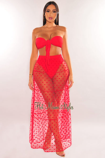 Red Polka Dot Sheer High Waist Maxi Skirt Cover Up - Hot Miami Styles