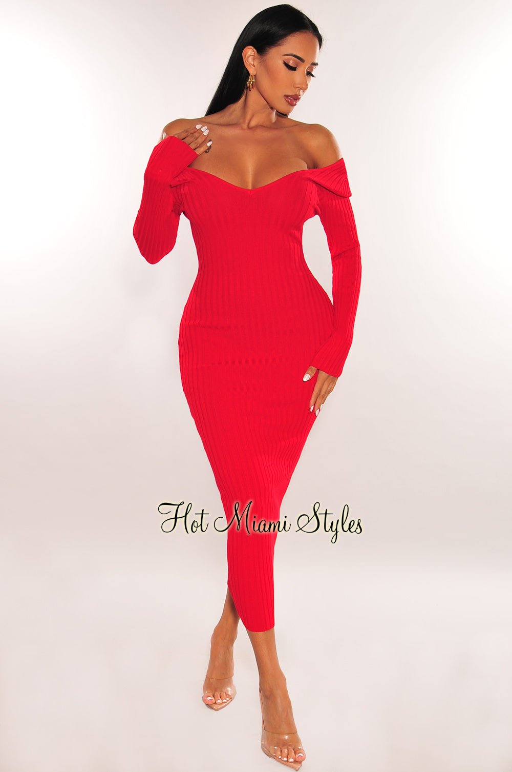 Red Ribbed Knit Long Sleeves Dress Medium Red Ribbed Knit Long Sleeves Dress Medium