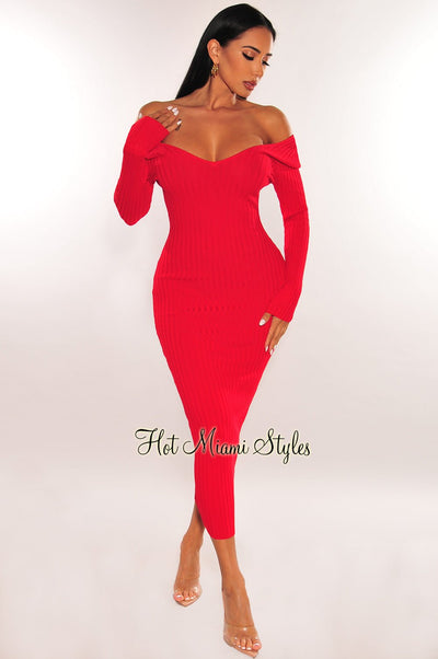 Red Ribbed Knit Long Sleeves Dress - Hot Miami Styles