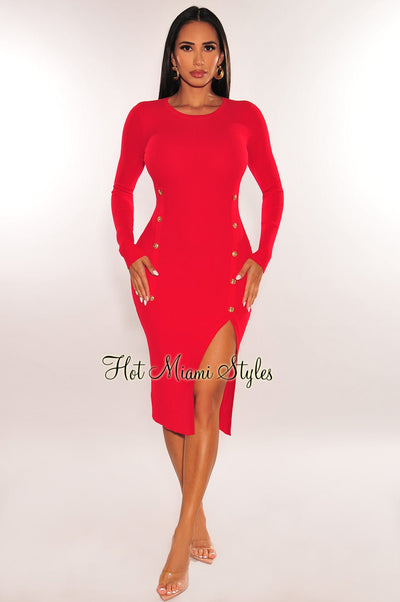 Red Ribbed Long Sleeve Gold Button Slit Dress - Hot Miami Styles