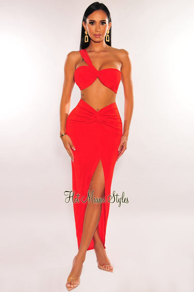 Red Ribbed One Shoulder Slit Knotted Skirt Two Piece Set - Hot Miami Styles