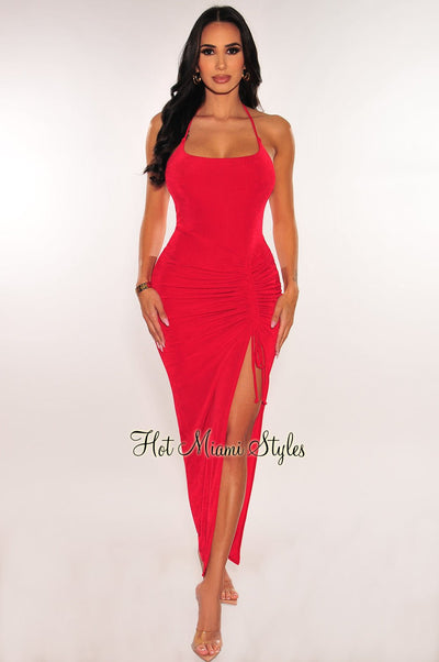 Red Ribbed Shimmery Halter Drawstring Slit Maxi Dress - Hot Miami Styles