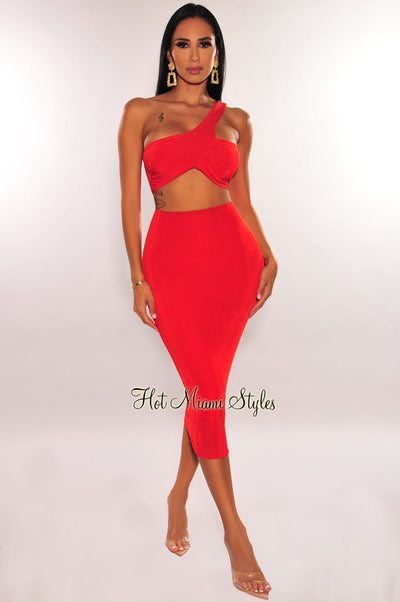 Red Ribbed Shimmery One Shoulder Ruched Back Skirt Two Piece Set - Hot Miami Styles