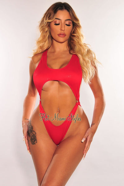 Red Ribbed Shimmery Sleeveless O Ring Racerback Swimsuit - Hot Miami Styles