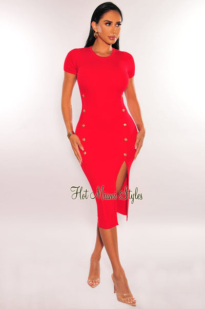 Red Ribbed Short Sleeve Gold Button Slit Dress - Hot Miami Styles
