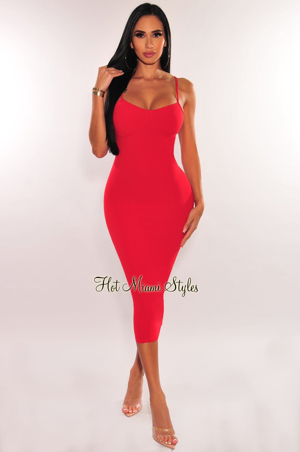 Red Ribbed Spaghetti Strap Bodycon Midi Dress – Hot Miami Styles