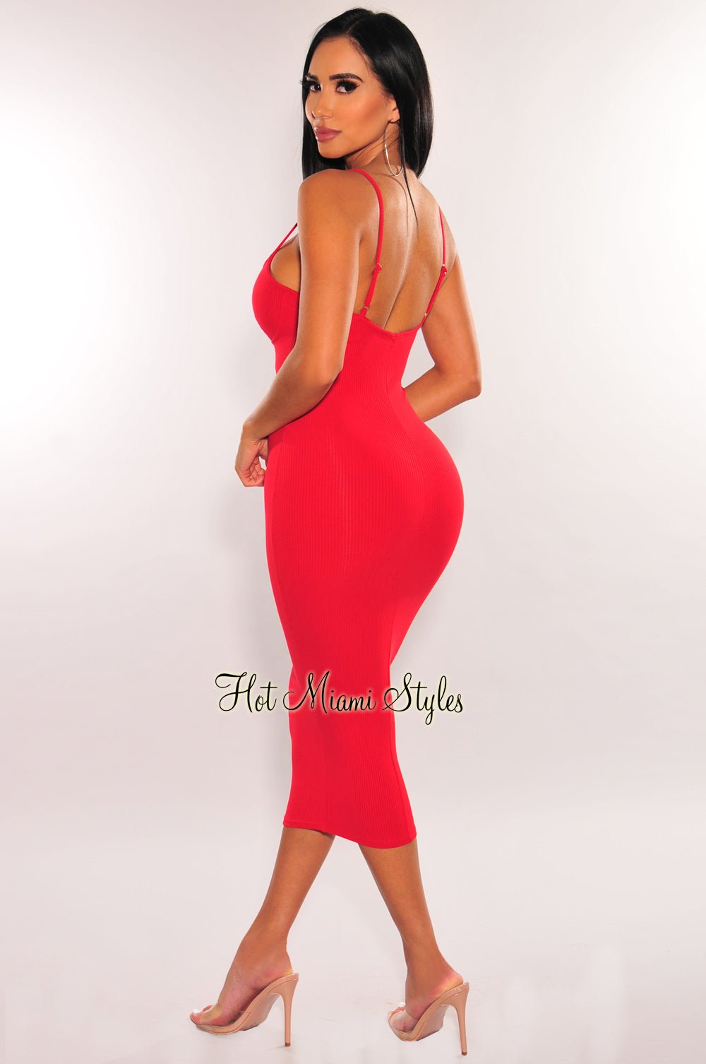 Red Ribbed Spaghetti Strap Bodycon Midi Dress Medium Red Ribbed Spaghetti Strap Bodycon Midi Dress Medium