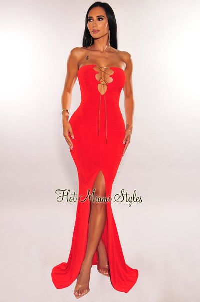 Red Ribbed Strapless Gold Chain Lace Up Slit Gown - Hot Miami Styles