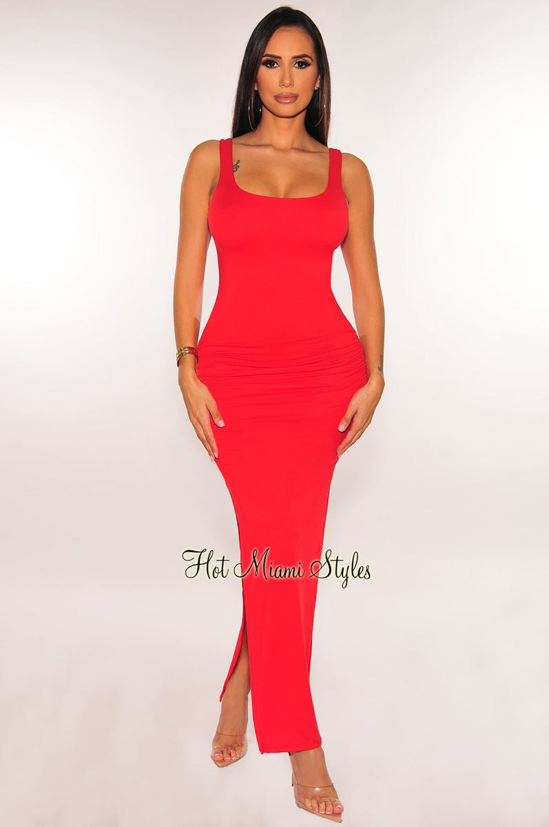 Red Ruched Sides Slit Maxi Dress Hot Miami Styles