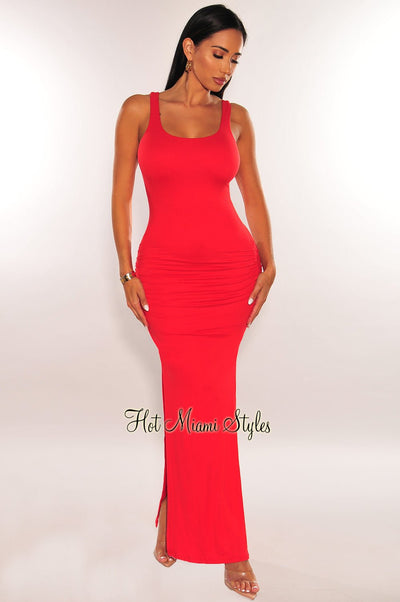 Red Ruched Sides Slit Maxi Dress - Hot Miami Styles