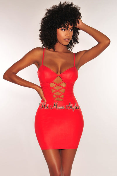 Red Satin Spaghetti Straps Padded Underwire Lace Up Cut Out Mini Dress - Hot Miami Styles