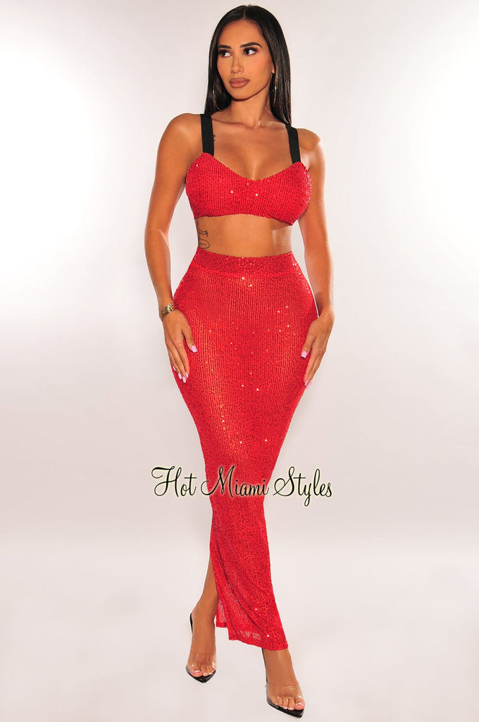 Red Sequins Elastic Strap Maxi Semi Sheer Skirt Two Piece Set