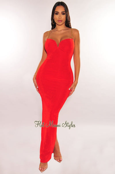 Red Shimmery Gold Chain Straps V Wired Back Slit Dress - Hot Miami Styles