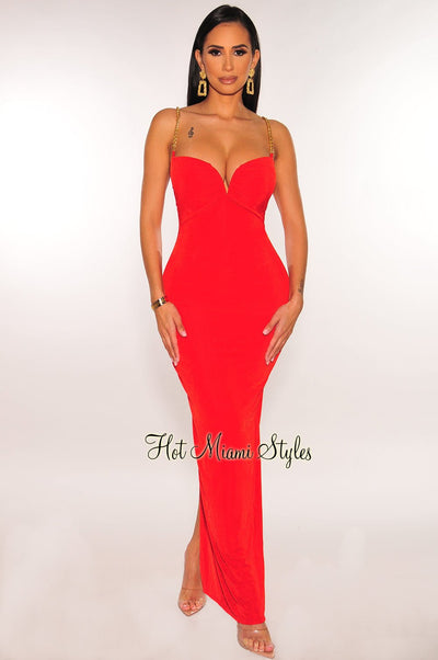 Red Shimmery Gold Chain Straps V Wired Back Slit Dress - Hot Miami Styles