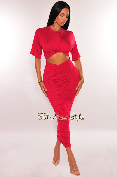 Red Short Sleeve Cut Out Ruched Maxi Dress - Hot Miami Styles