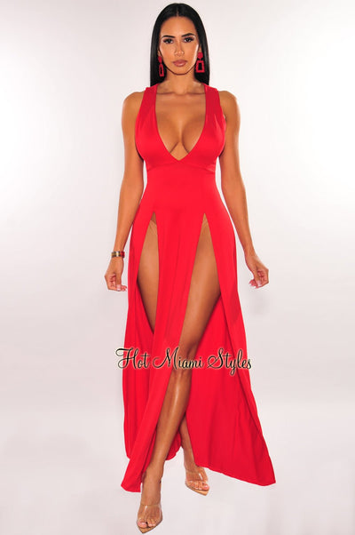 Red Sleeveless V Neck Double Slit Cover Up Maxi Dress - Hot Miami Styles
