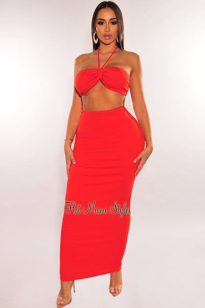 Red Smocked Halter Ruched High Waist Skirt Two Piece Set - Hot Miami Styles