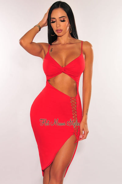Red Spaghetti Strap Knotted Cut Out Lace Up Asymmetrical Dress - Hot Miami Styles