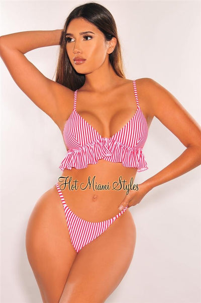 Red Stripes Padded Ruffle Scrunch Butt Bikini Bottom - Hot Miami Styles