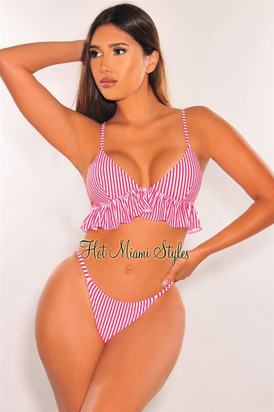 Red Stripes Padded Ruffle Scrunch Butt Bikini - Hot Miami Styles