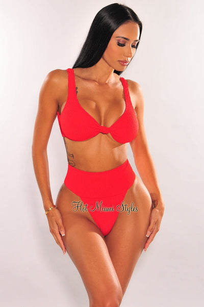 Red Textured Knotted High Rise Bikini Bottom - Hot Miami Styles