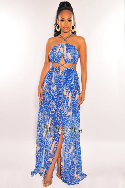 Royal Blue Animal Print O-Ring Cord Cut Out Double Slit Maxi Dress - Hot Miami Styles