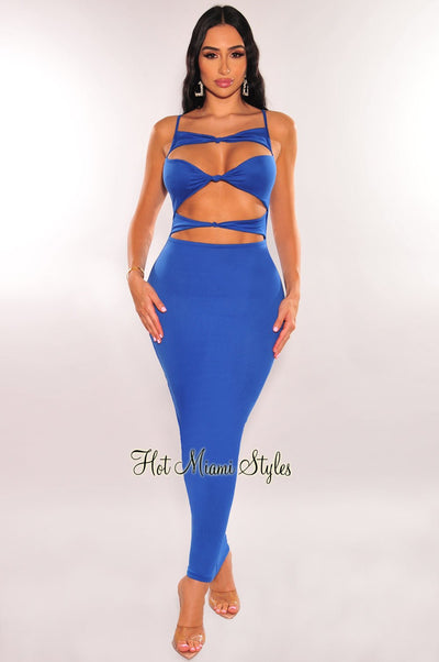 Royal Blue Cut Out Knotted Slim Fit Maxi Dress - Hot Miami Styles