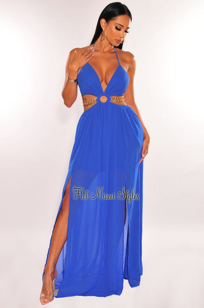 Royal Blue Gold Chain Halter O Ring Cut Out Double Slit Maxi Dress - Hot Miami Styles