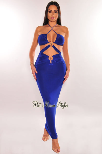Royal Blue Gold Ring Halter Strappy Cut Out Maxi Dress - Hot Miami Styles