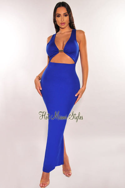 Royal Blue Gold Ring Sleeveless Cut Out Back Slit Dress - Hot Miami Styles