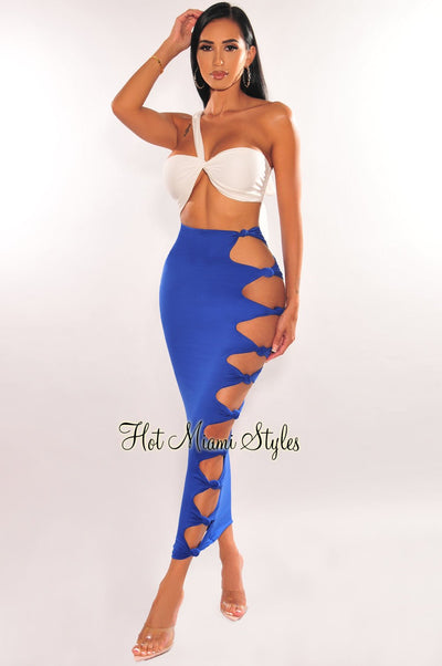 Royal Blue High Waist Cut Out Knotted Slit Skirt - Hot Miami Styles