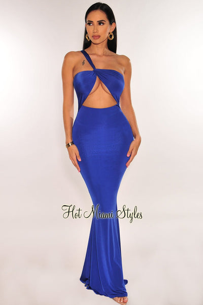 Royal Blue One Shoulder Cut Out Mermaid Gown - Hot Miami Styles