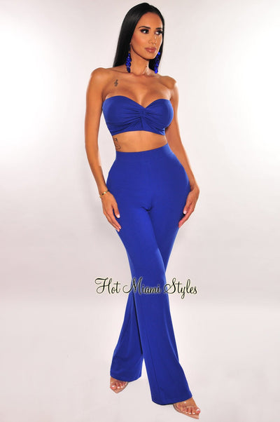 Royal Blue Padded Strapless Knotted Padded Palazzo Pants Two Piece Set - Hot Miami Styles