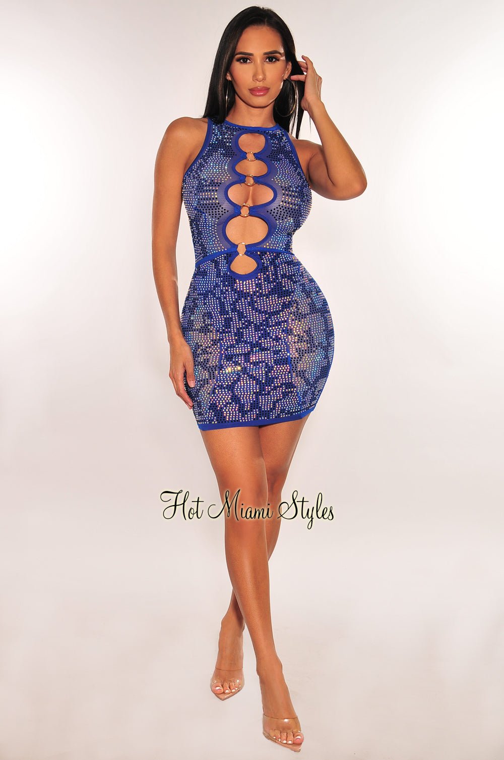 Royal Blue Rhinestone Mesh O Ring Cut Out Sleeveless Dress Hot Miami Styles Royal Blue Rhinestone Mesh O Ring Cut Out Sleeveless Dress Hot Miami Styles