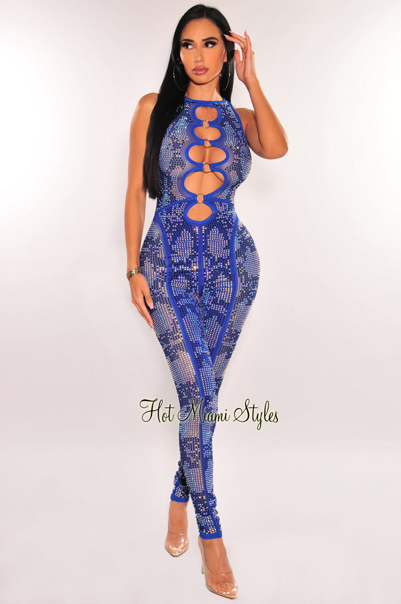 Royal Blue Rhinestone Mesh O-Ring Cut Out Sleeveless Jumpsuit – Hot ...