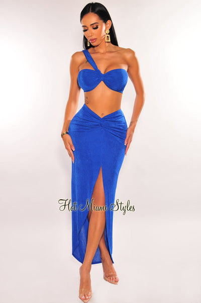 Royal Blue Ribbed One Shoulder Slit Knotted Skirt Two Piece Set - Hot Miami Styles