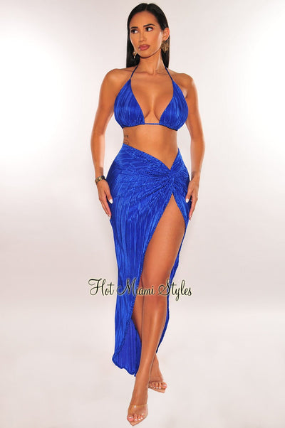 Royal Blue Ribbed Pleated Halter Triangle Top Knotted Slit Skirt Two Piece Set - Hot Miami Styles